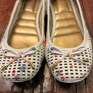 White with colorful flower print me too flats